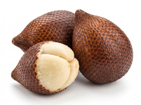 Exotic Salak Snake Fruit Isolated on White Background Features a Brown Scaly Texture and Sweet Creamy White Flesh for Tropical Culinary and Health Concepts