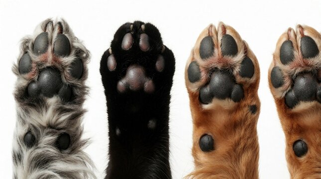 Four diverse animal paws reach up towards camera on white background. Different fur colors like black, grey, brown show close up texture. Dog, cat feet with soft pads, claws reach out for attention