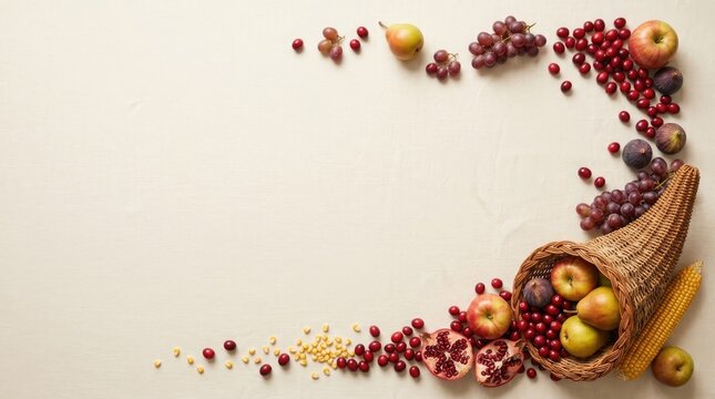 Abundant cornucopia horn of plenty with autumn harvest fruits and berries on beige background for thanksgiving.