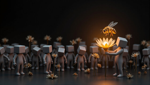 Minimalist 3D artistic composition of a unique block figure holding a glowing flower that attracts a honey bee, standing out from a dark monochrome crowd. Conceptual mood of hope.