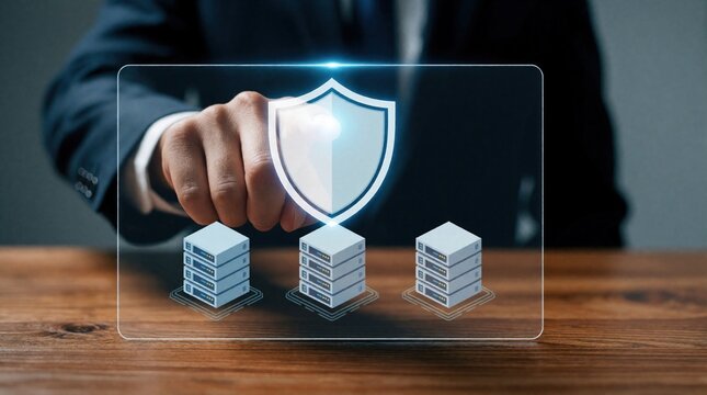 Pro hand taps virtual shield icon protecting server stacks. Cybersecurity concept for data protection digital infrastructure safety network security systems.