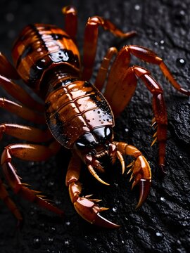 Extreme macro of a dark scorpion on black surface, detailed carapace and spiky legs, pest control and danger concept.