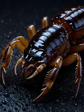 Extreme macro of a dark scorpion on black surface, detailed carapace and spiky legs, pest control and danger concept.