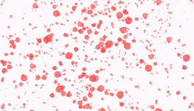 Abstract red paint splatter pattern scattered across clean white background with varied droplet sizes.