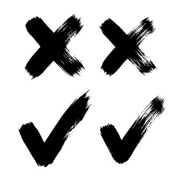 Grunge brush stroke cross and check mark set. Hand drawn black ink x and tick icons. Distressed paint texture symbols for voting and UI design.