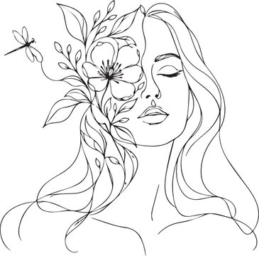 Floral ornament featuring a woman s face and a dragonfly line art style