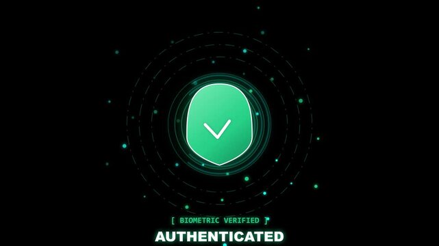 Looping 3D animation of a biometric fingerprint scan morphing into a green security shield with an approved checkmark icon on transparent background.
