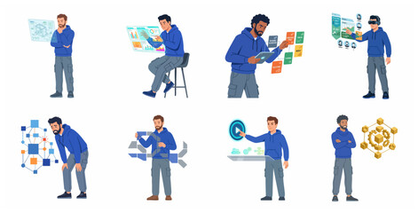 Fototapeta premium Set of Men Interacting with Digital Interfaces, Virtual Reality, Data Visualization, and Futuristic Technology Vector Illustrations