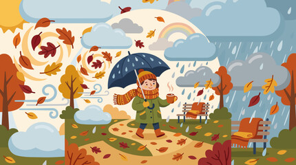 Obraz premium Child Walking Through a Colorful Autumn Park in Rainy Weather Holding an Umbrella and a Warm Drink During the Fall Season