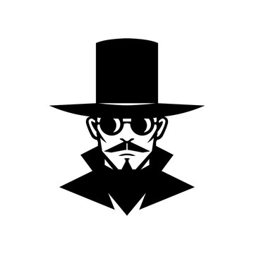 Secret agent symbol template, Spy man in black top hat mascot logo design
