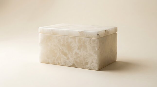 A minimal elegant alabaster box made of white natural stone isolated on a soft beige background for luxury decoration