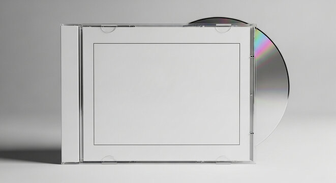 An empty compact disc jewel case sits on a neutral surface displaying an unprinted cover insert alongside a shiny silver disc peeking through the spine for musical packaging design