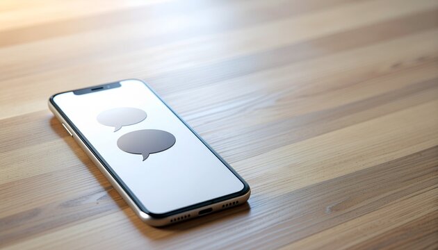 木目のテーブルに置かれたスマートフォンと吹き出しアイコンの背景