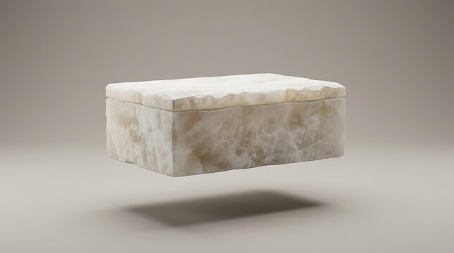 A minimalist white alabaster box floating isolated against a soft neutral studio background for luxury product design