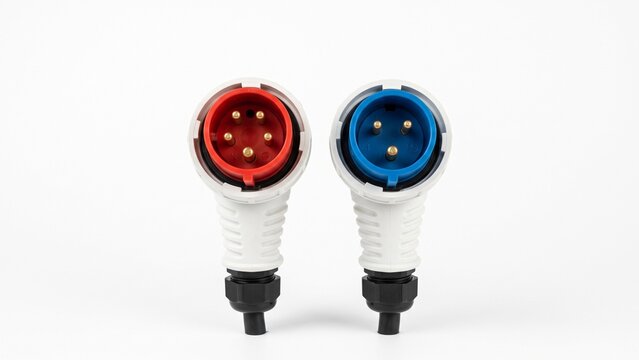 Industrial electrical power connectors with red and blue plugs isolated clearly on white background
