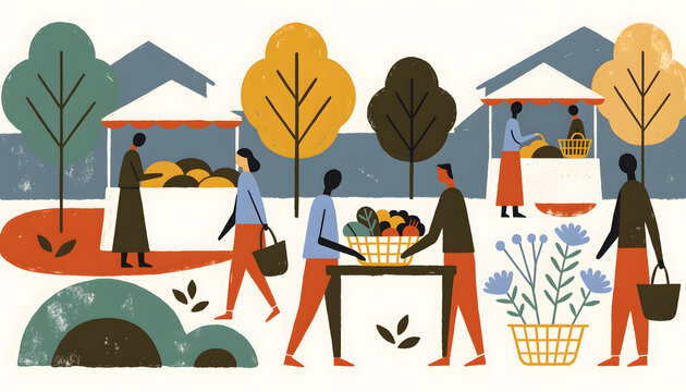 Editorial flat vector illustration of an outdoor farmers market with people shopping for fresh produce and flowers at colorful stalls in a minimalist style
