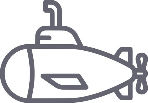 Submarine vector icon with periscope and propeller grey outline for underwater exploration design.