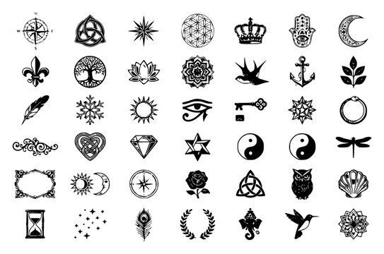 Collection of various decorative ornaments and symbols arr set with simple line art design featuring line art, illustrations, graphic resources with vector and design elements