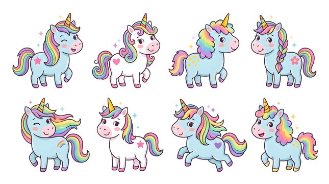 Colorful cartoon unicorns with rainbow manes and tails standing in playful poses in a whimsical setting with vibrant colors