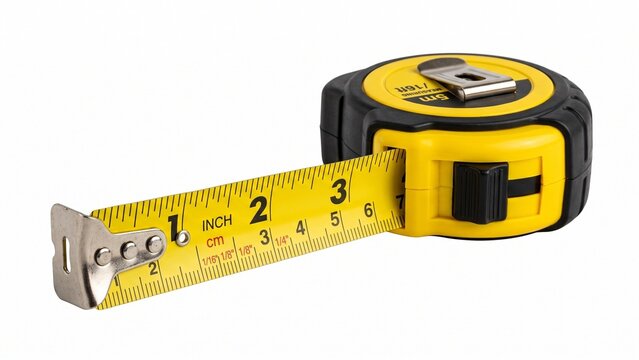 Industrial yellow and black retractable measuring tape tool displaying metric and imperial units on white background