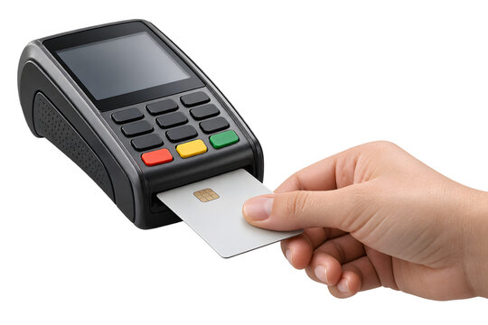 A hand inserting a credit card into a payment terminal png file isolated on transparent background