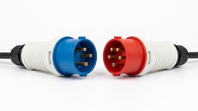 Blue and red industrial power plugs showing metallic prongs for electrical connectivity on white background