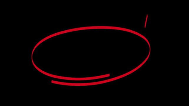 Hand drawn circle highlight animation 4K video. Red and white oval sketch ring mark, emphasis doodle frame, isolated on a black background