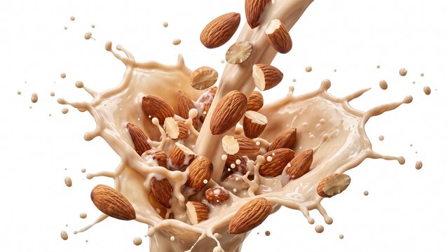 Crunchy brown almonds falling into splashing creamy healthy organic milk liquid stream on white background