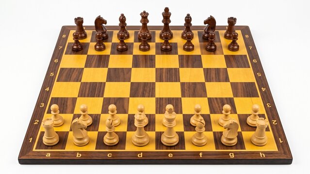 Wooden chess board featuring dark and light pieces arranged for a classic strategic game on white background