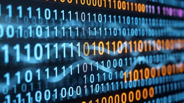 Binary code animation featuring digital numbers, flowing data streams, cybersecurity programming, software development and futuristic computer network visualization video