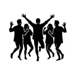 Fototapeta premium Silhouettes of five people dancing and celebrating with arms raised in joy.