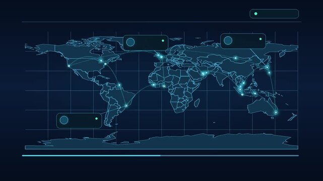Global Digital Network Connections on Futuristic World Map Animation