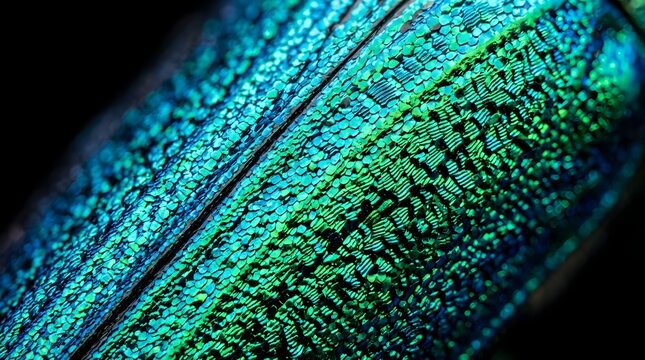 Macro Close Up of Iridescent Metallic Beetle Wing Texture in Emerald and Blue