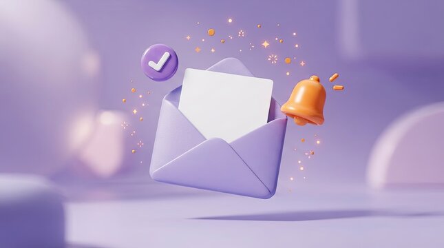 3D digital mail inbox with notification bell icon.
