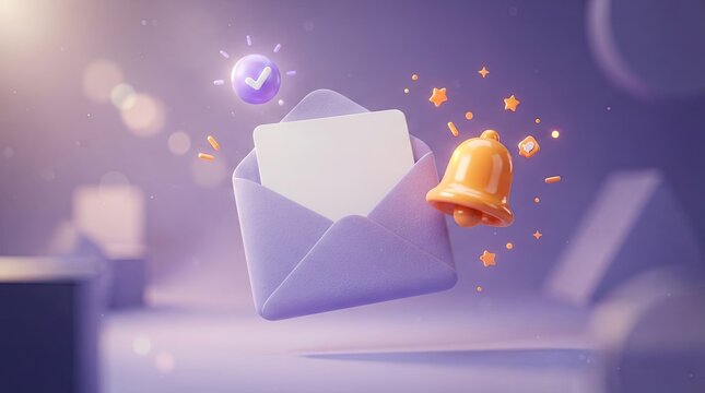 3D floating envelope with golden notification bell.