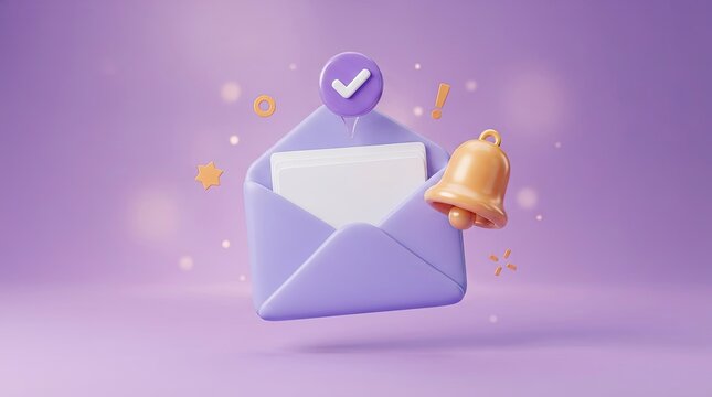 3D mail envelope icon with bell on purple background.