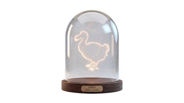 Dodo bird hologram in glass bell jar, glowing extinct animal display, museum specimen exhibit with wooden base isolated PNG with Transparent Background