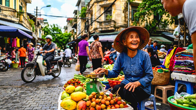 Elderly Vietnamese woman wearing a conical hat selling fresh tropical fruit at a busy street market