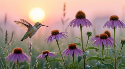 Obraz premium Tiny hummingbird hovers over purple coneflower blossoms in a dew-covered meadow during sunrise. Soft light illuminates the delicate creature feeding on nectar from blooming echinacea.