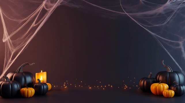 Festive halloween background with black and orange pumpkins and glowing candles under hanging spooky spider webs