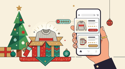 Naklejka premium Hand holding smartphone for Christmas online shopping with gift box and sweater illustration