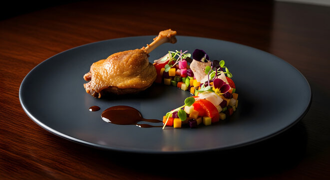 Gourmet Duck Confit: A perfectly cooked duck confit leg rests beside a vibrant medley of fresh diced vegetables and edible flowers on a dark grey plate, accented with a rich dark sauce.