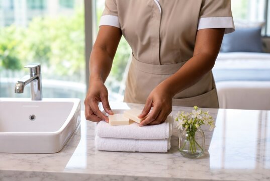 Professional hotel housekeeper arranging luxury bath amenities on neatly folded towels beside modern marble countertop with fresh flowers