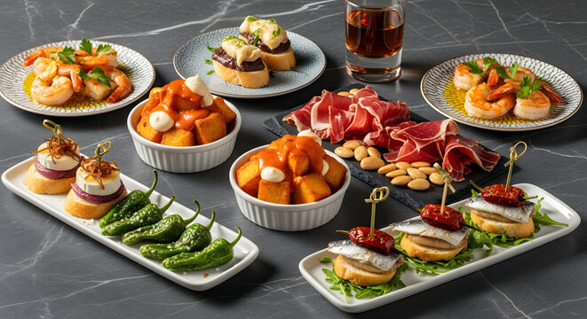 A Tapas Feast: An assortment of delicious Spanish tapas, including gambas al ajillo, patatas bravas, and montaditos, are beautifully arranged for a delightful culinary experience.