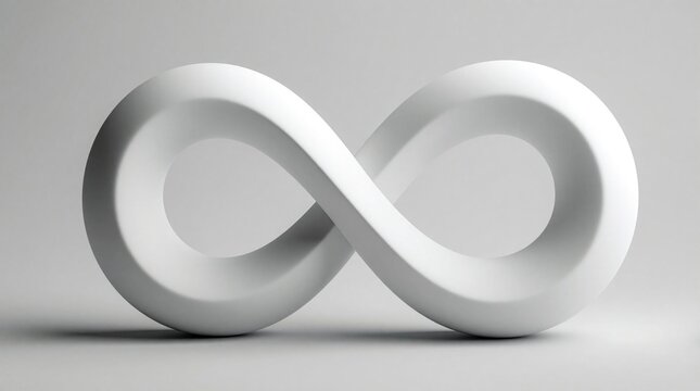 Abstract white infinity symbol with smooth curves on light gray background. Minimalist 3d shape represents eternity, endless loop, continuous flow. Concept of timelessness, mathematics, limitless