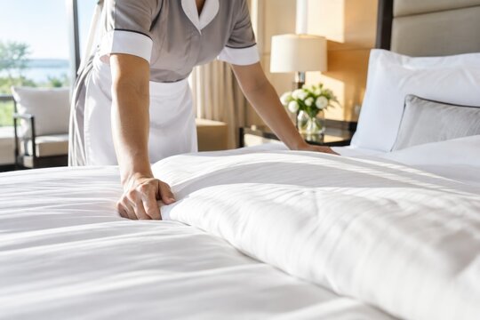 Professional hotel housekeeper tucking crisp white linens on king-size bed in bright modern guestroom with elegant decor and natural daylight