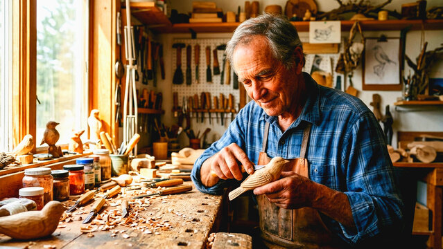Senior craftsman carving a wooden bird figurine in his traditional workshop with natural window light