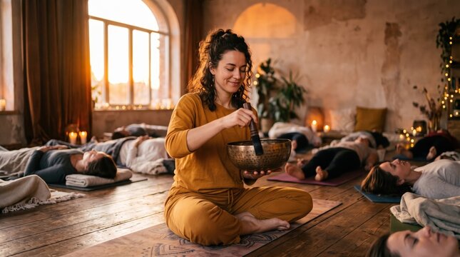 Sound healing session with woman playing Tibetan singing bowl for relaxed group