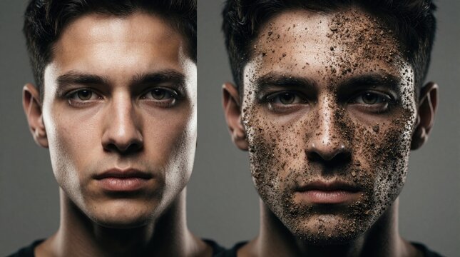 Split screen view of male face. Left side shows clean handsome skin. Right side shows man with mud dirt on skin. Concept for skincare, grooming, hygiene, dermatology, detox, facial cleaning treatment