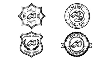 Vintage Whistle Emblem Vector Set Retro Sports Referee Coach Stamp Badge Graphic Collection B&W © Mdmahabur